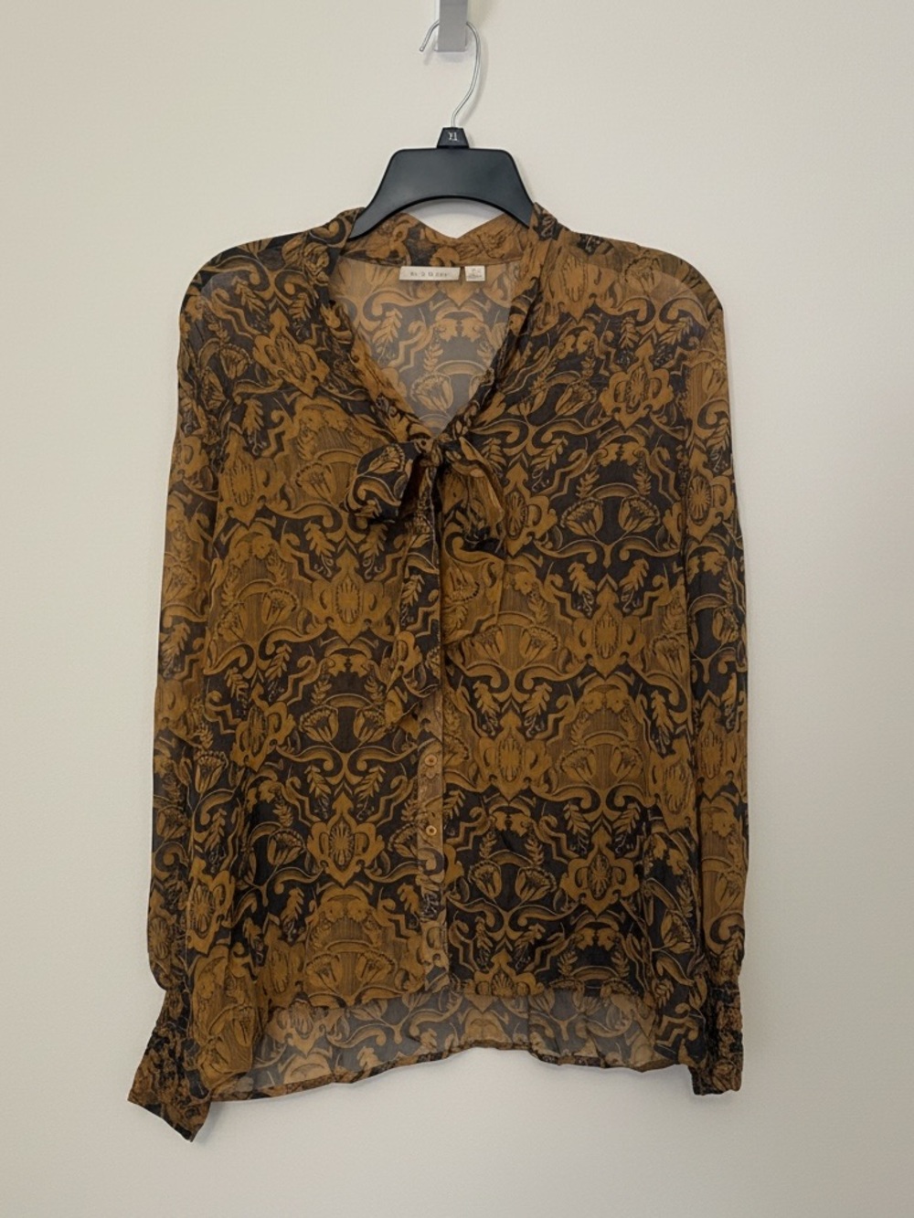 Hinge 100% Silk Tie Neck Blouse S Damask Baroque Whimsigoth Sheer Bow Top